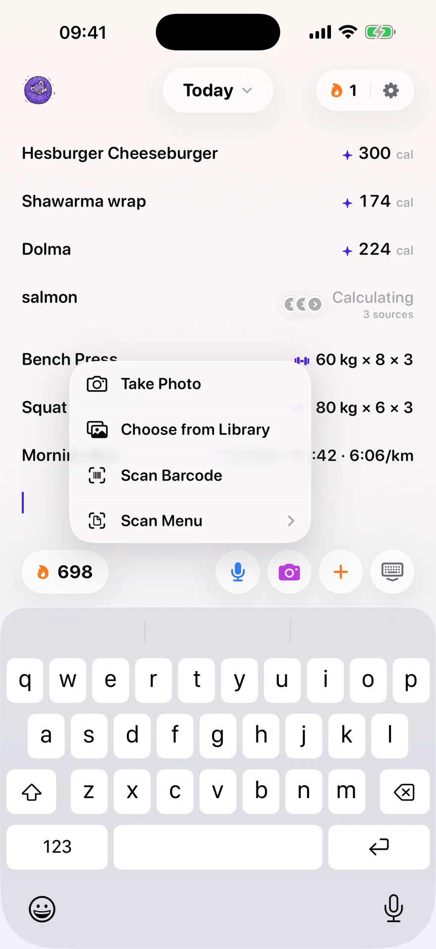 Bunvi's capture menu open over the note, offering Take Photo, Choose from Library, Scan Barcode and Scan Menu, with the dictate, camera and saved-meals buttons on the compose bar below.