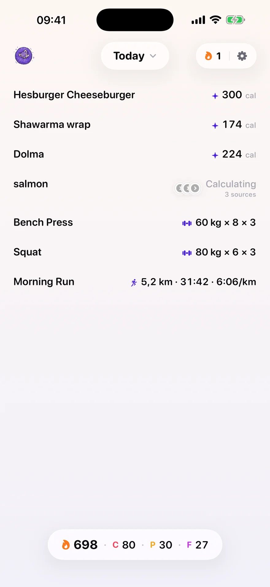 Bunvi's daily note: a cheeseburger, a shawarma wrap and dolma with calorie figures, one line still calculating, then bench press, squat and a morning run with their own figures, and the day's totals along the bottom.