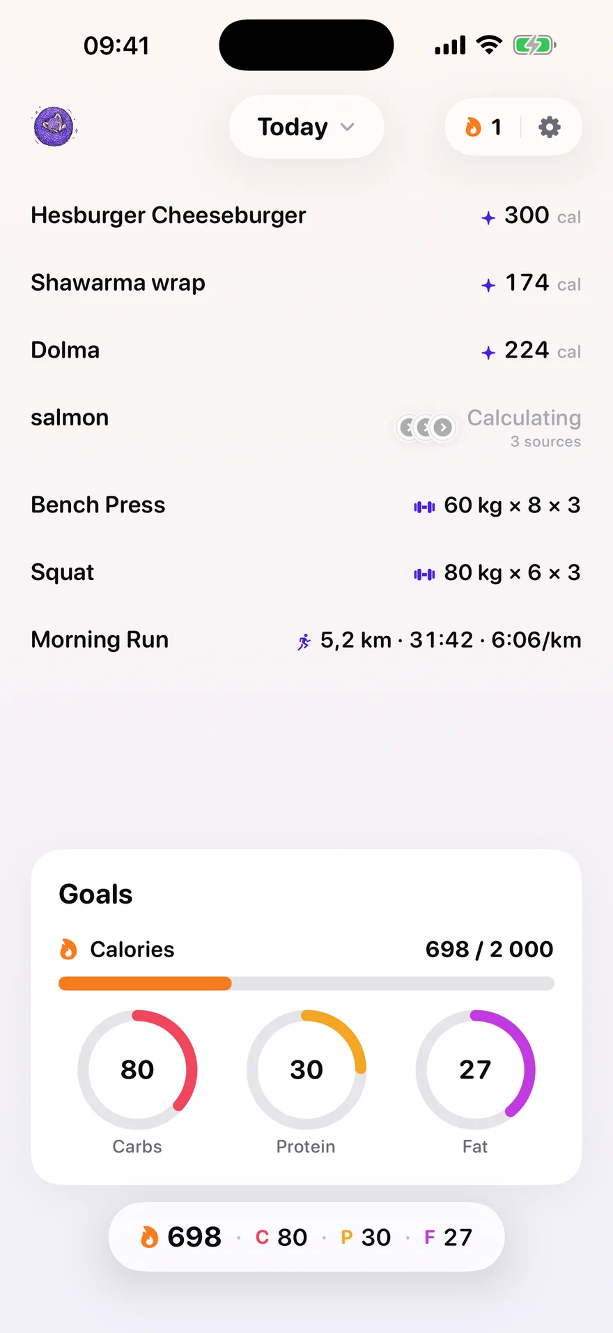 Bunvi's goals card over the note: 698 of 2000 calories, with rings for 80 g carbs, 30 g protein and 27 g fat.