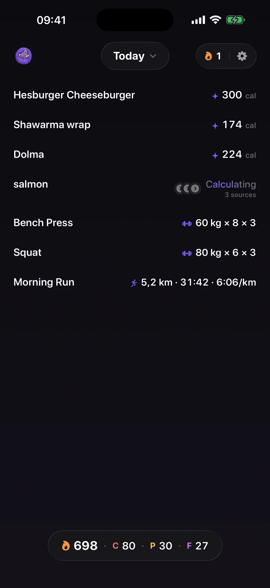 The same daily note drawn in dark mode.