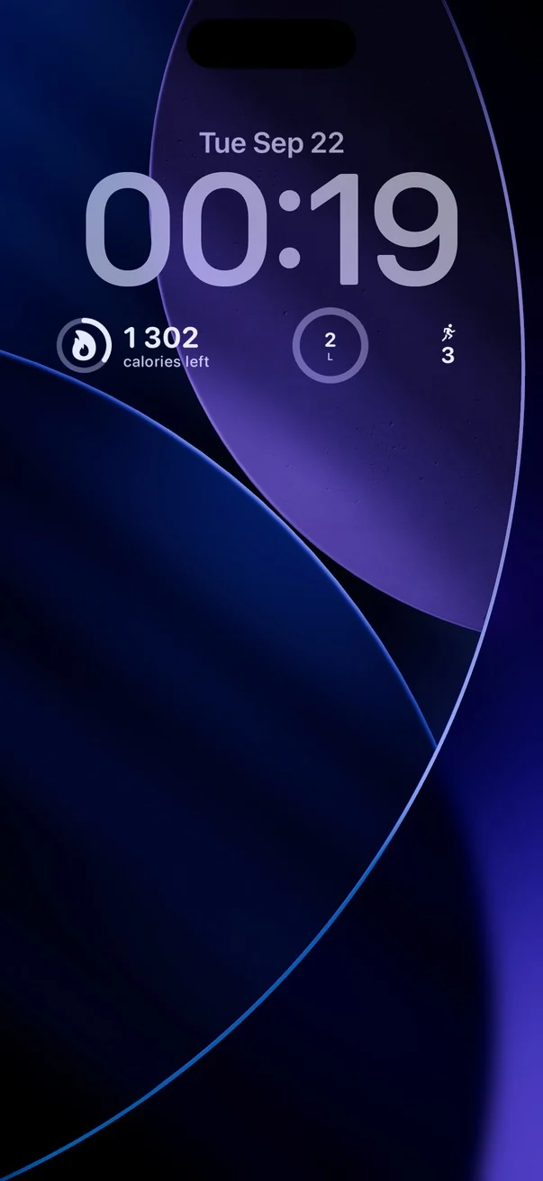 An iPhone lock screen with Bunvi's accessory widgets showing calories left and water beside the clock.